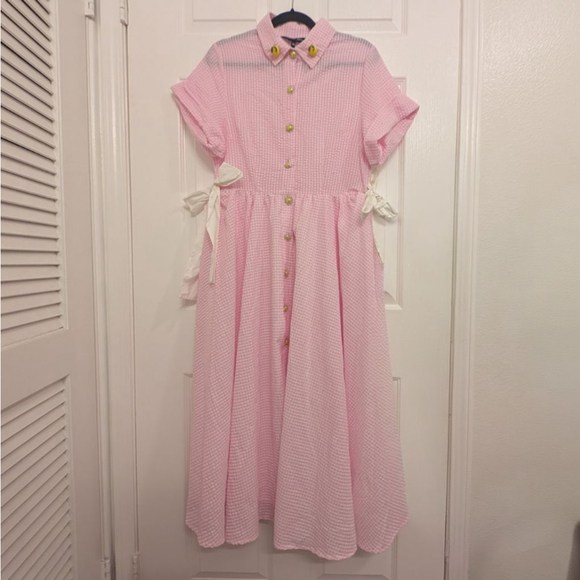 Sister Jane Amalfi Gingham Midi Dress Lemon Pink Seersucker Picnic Easter Tea M - Picture 4 of 12
